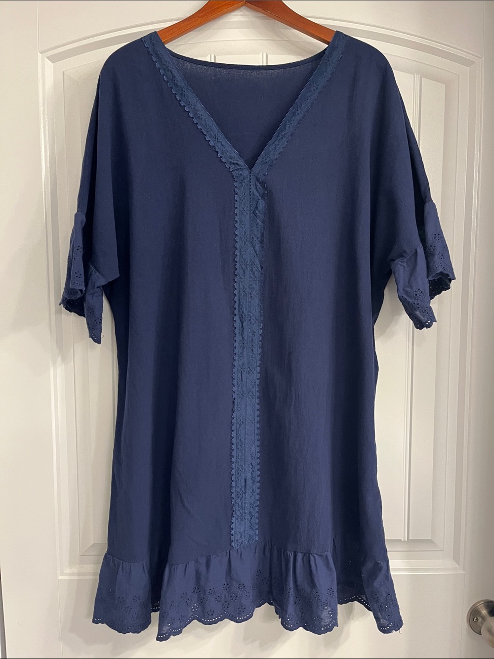 SHEIN Navy V-Neck Midi Dress with Lace Trim and Ruffled Hem